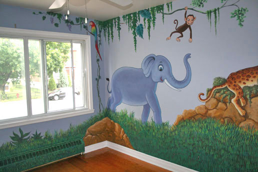 Kids jungle animals, nursery mural painting with parrot, elephant and monkey by Richard Ancheta.